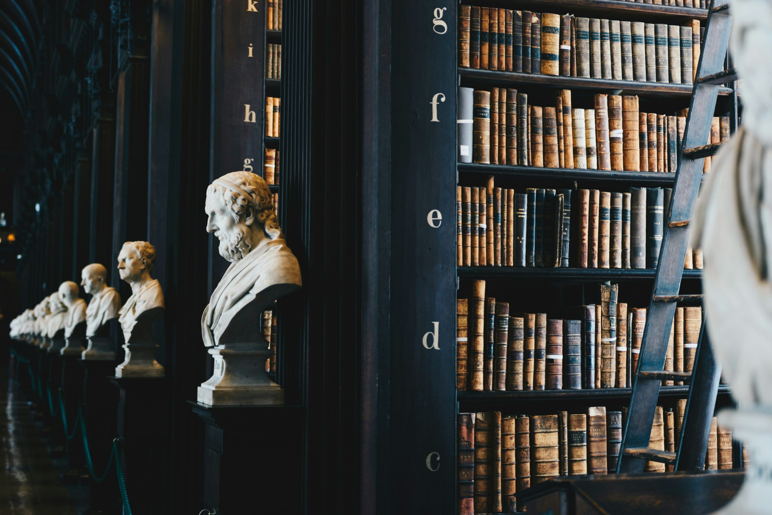 Legal library with shelves of books and bust statues